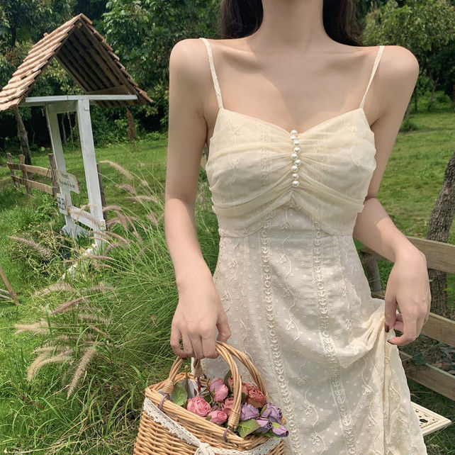 Sweet and lustful Platycodon first love skirt, tea break French suspender long skirt design, slim waist-hugging super fairy-sen dress