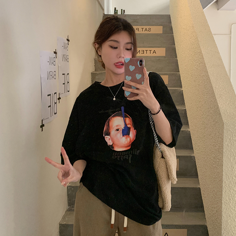 Real shot of pure cotton 200g shoulder-length back collar 2025 funny medium-length short-sleeved T-shirt large size loose
