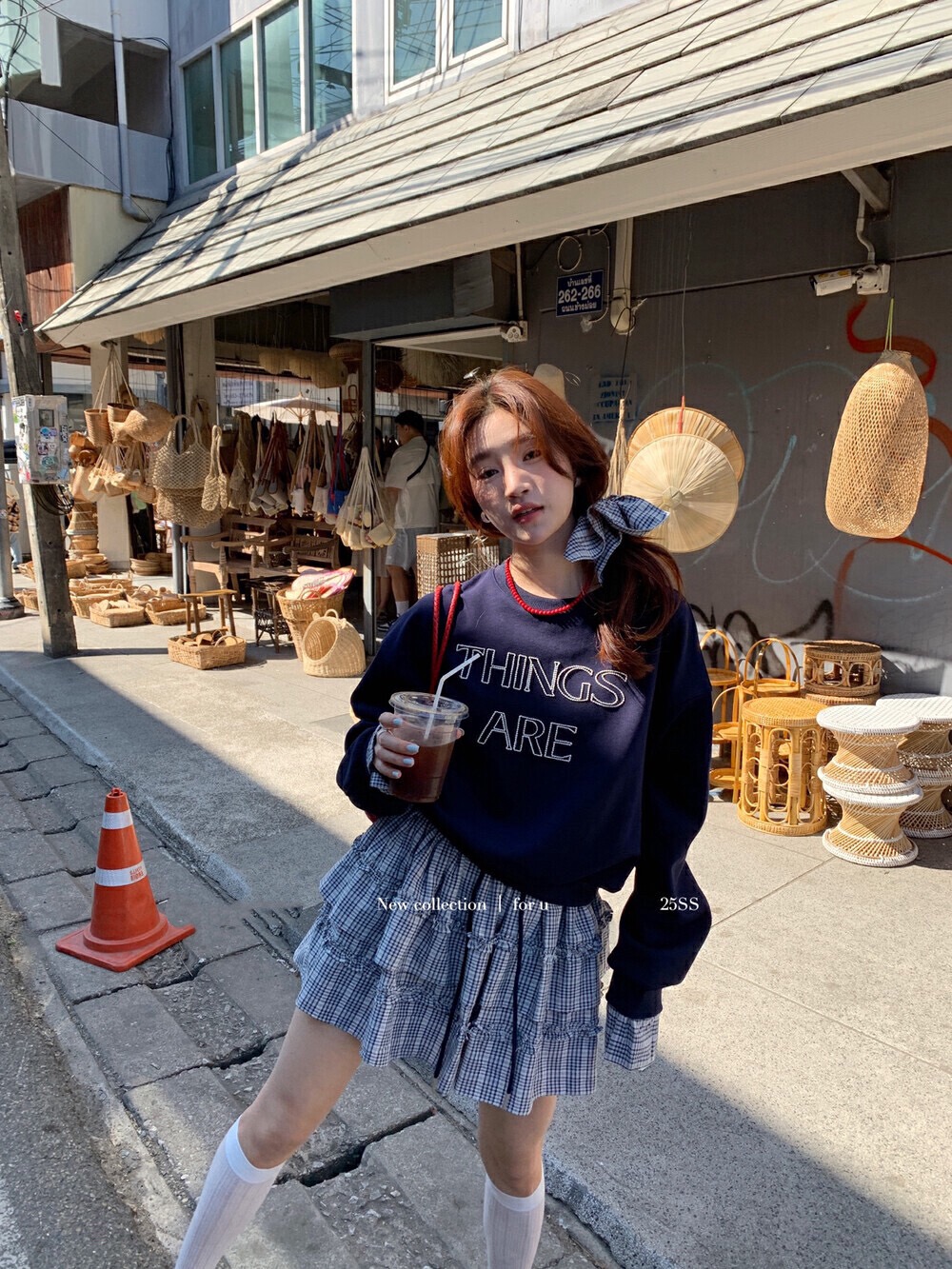 2025 Spring High-end Round Collar Letter Splicing Fake Two-Piece Sweatshirt + Plaid Cake Skirt Two-Piece Set