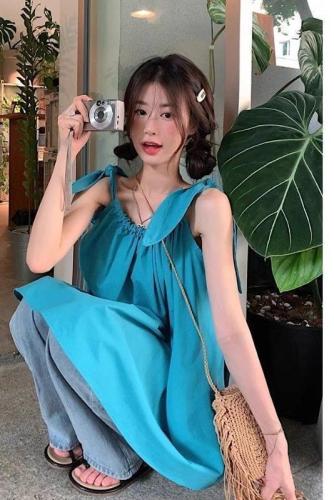 Summer dopamine new fashionable sleeveless drawstring lace-up bow mid-length sweet solid color suspender top trendy