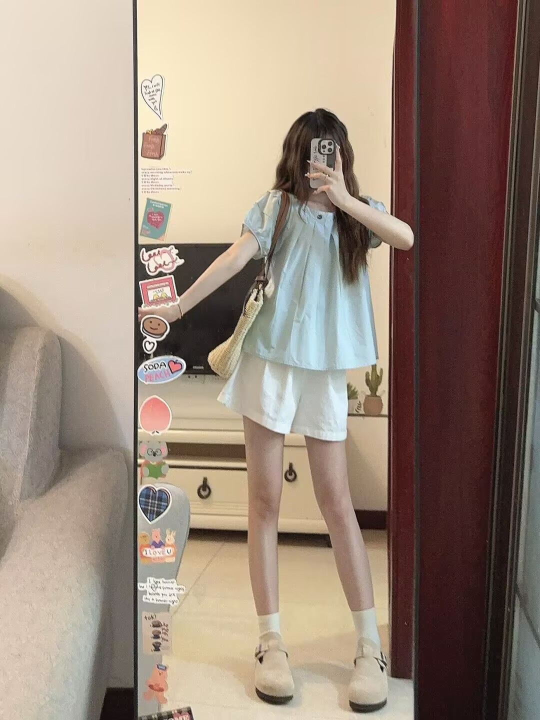 French fresh blue round neck pullover puff sleeve shirt for women new summer short loose temperament top