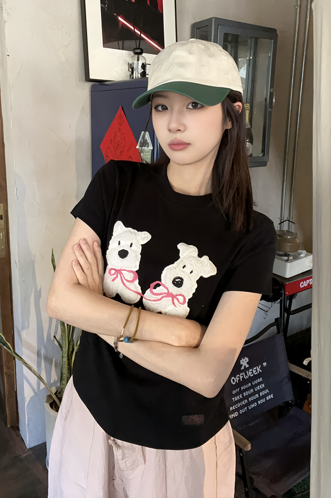 Korean embroidery 210g 95 cotton 40s Odell patch embroidery puppy shoulder short-sleeved T-shirt for women