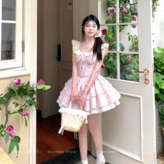 Gentle and sweet little flying sleeves floral waist-hugging dress for women summer escape princess pink cherry blossom fluffy cake skirt
