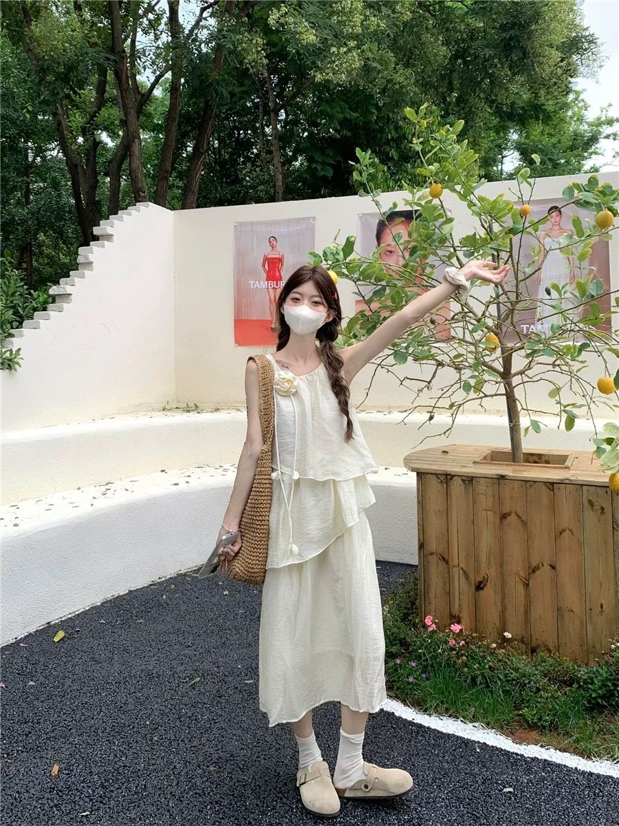 Irregular layered ruffled chiffon dress for women in summer sweet loose belly-covering beautiful sleeveless vest skirt
