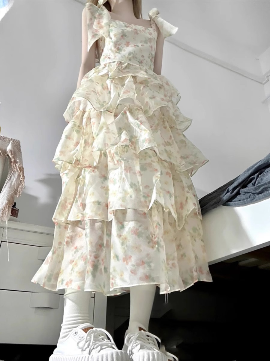 French sweet bow tied floral dress for women in summer 2025 new slim cake skirt fairy skirt