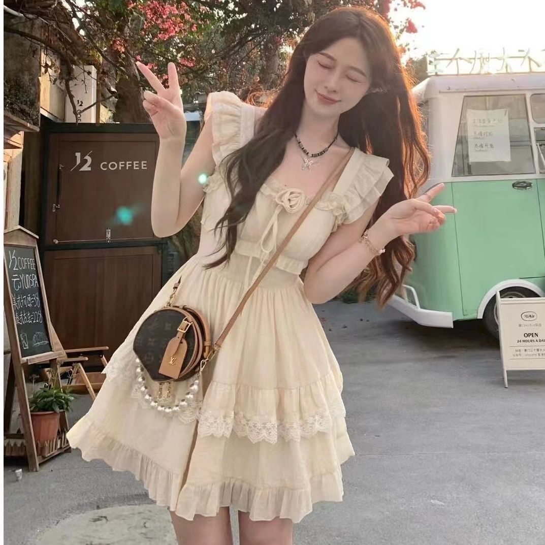 Original fabric + libra zipper sweet little fly sleeve dress waist-hugging fairy skirt to make you look slim and short skirt