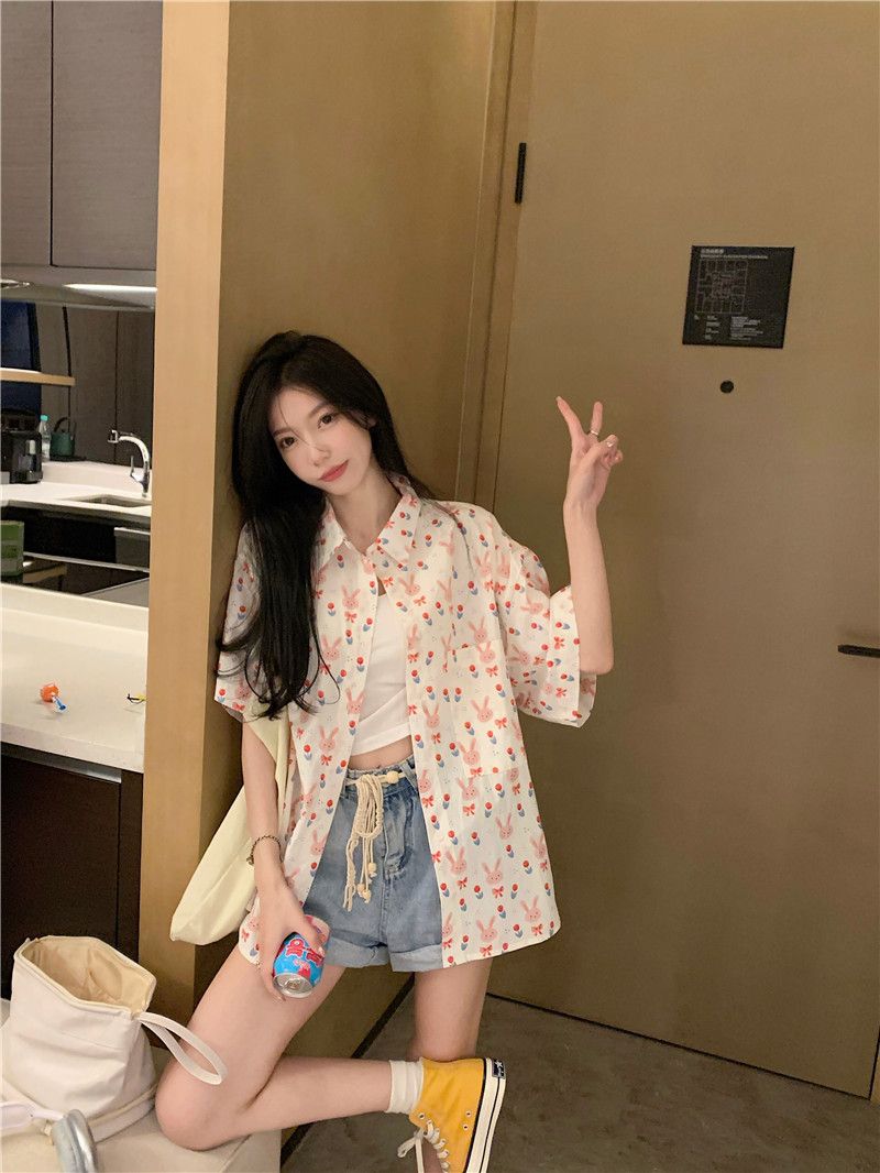 Summer sweet niche printed loose short-sleeved shirt women's top student sun protection cardigan