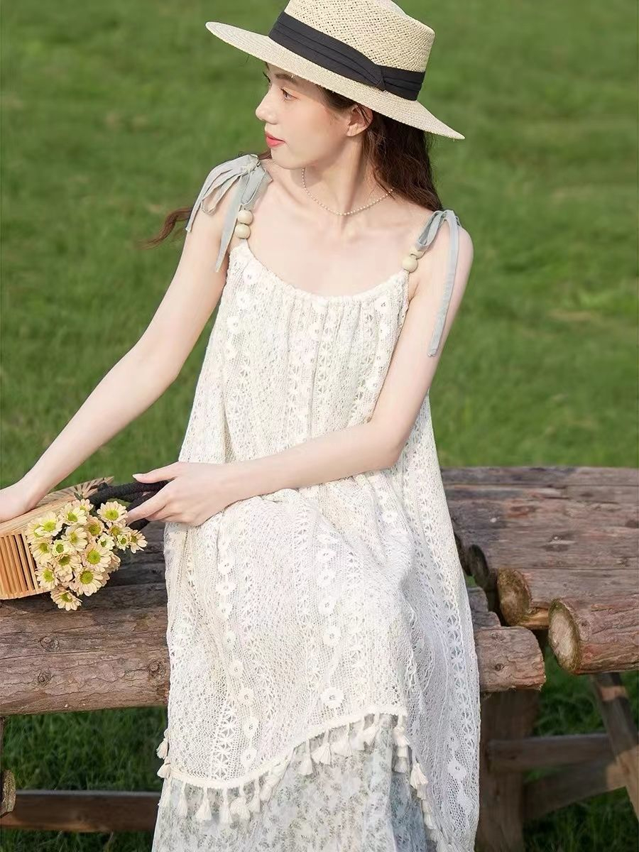 French retro tassel spliced ​​sweet dress for women's summer new slim temperament suspender sleeveless midi skirt