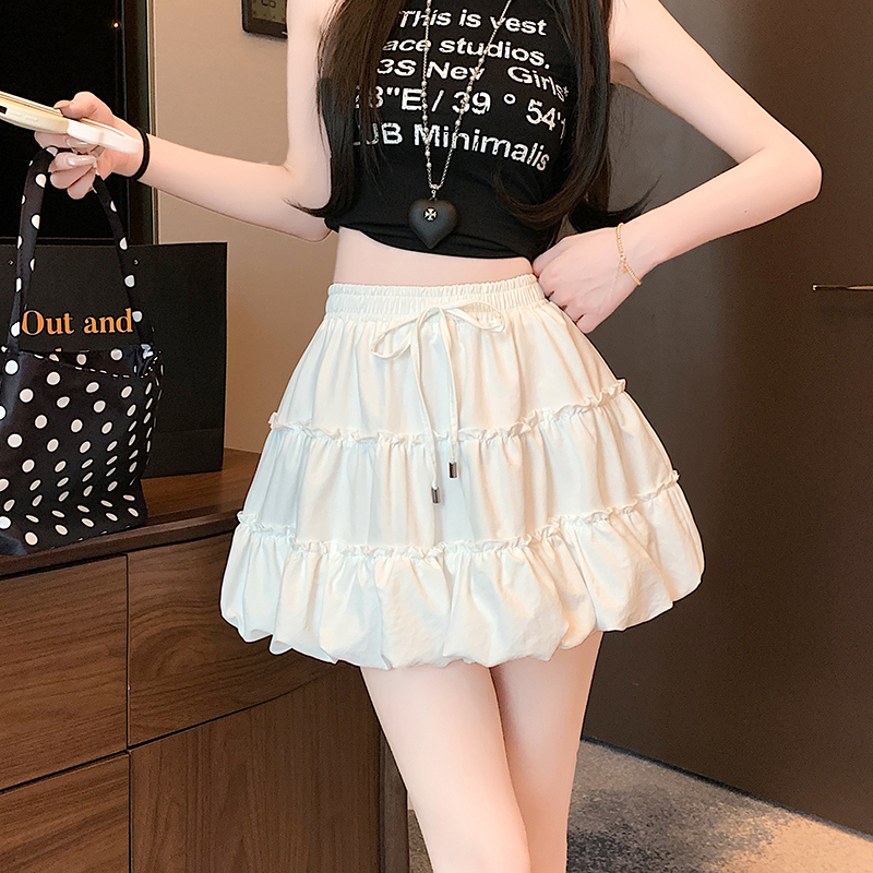 Real shot of ballet style high waist fluffy flower bud skirt drawstring earrings spliced ​​A-line cake skirt