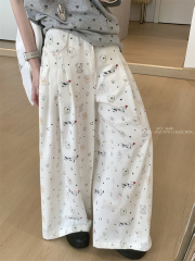 Real shot Korean-style printed straight-line jeans for women with high waist slimming, drape and loose wide-leg pants