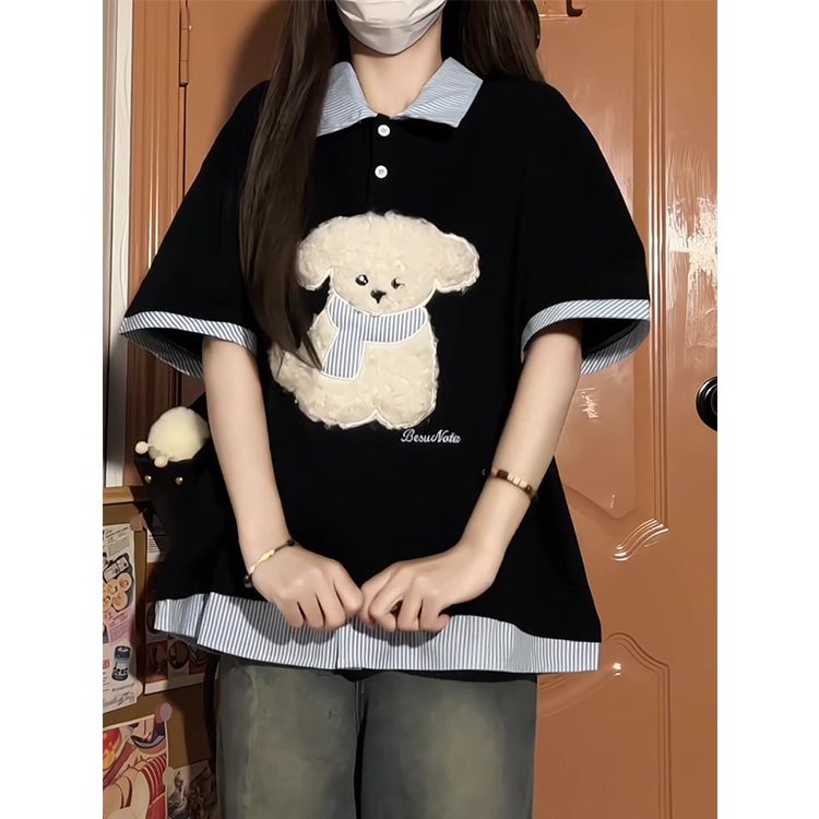 Original workmanship velvet embroidered puppy POLO fake two-piece short-sleeved T-shirt for women