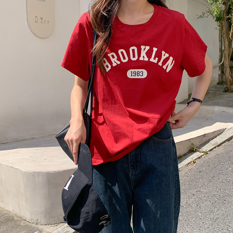 Real shot 200g pure cotton four-color pure cotton 2025 new summer short-sleeved women's letters Korean versatile T-shirt trend