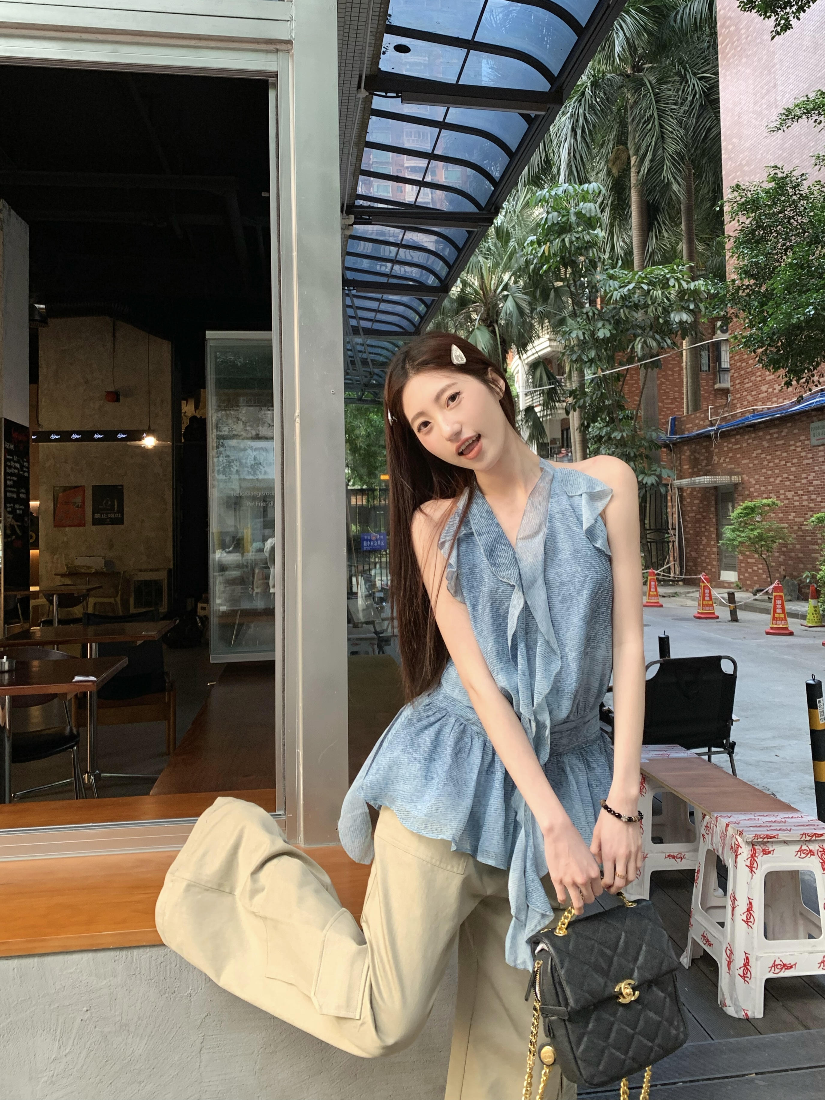 Real shot~Broken ears suspender lace-up top air-feeling wide-leg work pants drape loose set