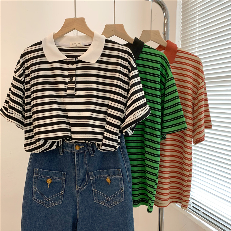 Real photo of colored woven stripes 2025 contrasting color stripes Polo shirt loose lapel short-sleeved T-shirt for women