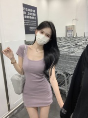 Real photos~ Fengshen waist and hip ratio U-neck T-skirt solid color pit knitted short-sleeved slim dress