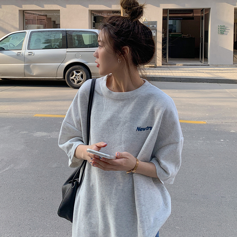 Real shot 6535 tie-up cotton loose medium-length front and rear letter printing large size short-sleeved T-shirt for women