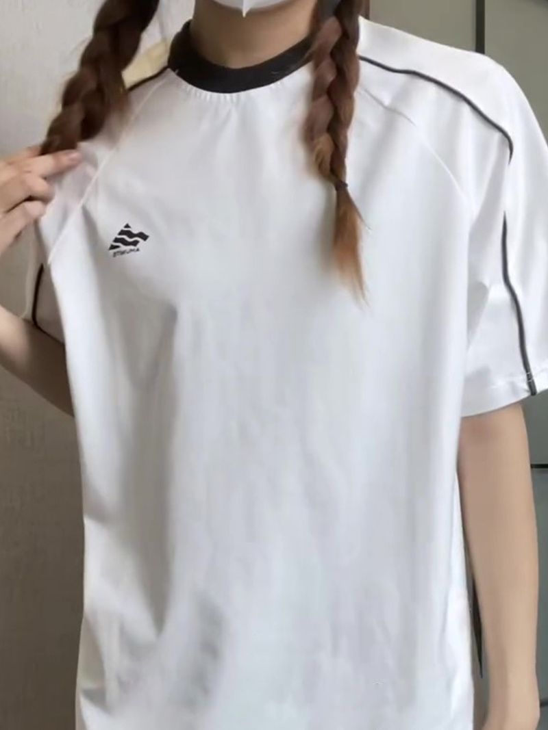 Original craft pure cotton rib collar edging short-sleeved T-shirt for women