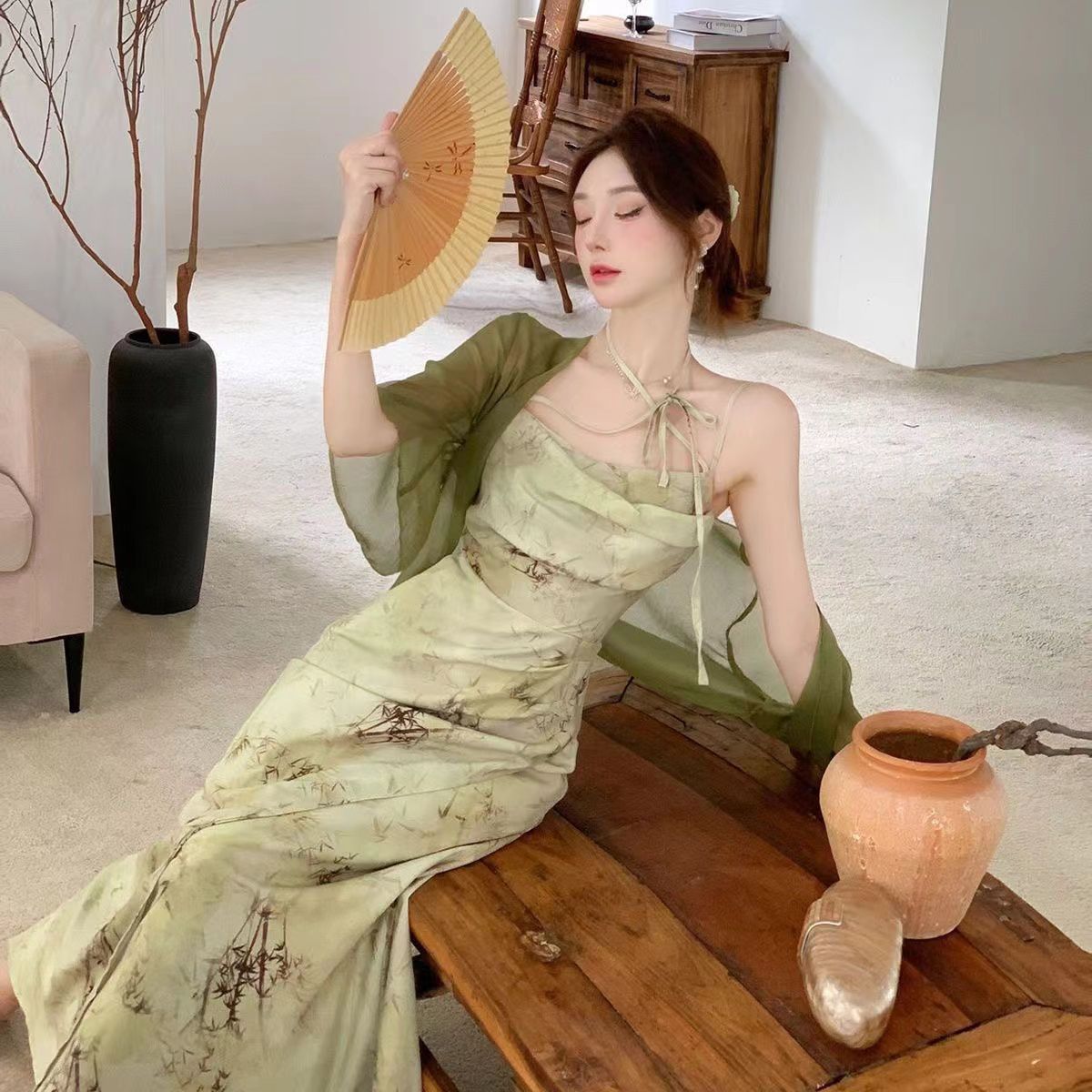 Original method + two-piece set of new Chinese style retro suspender dress summer floral slimming two-piece set