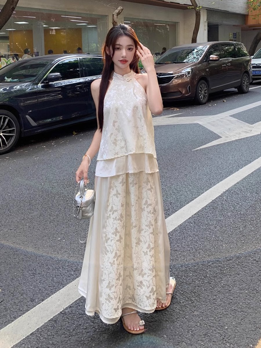 New Chinese style cheongsam cold and Zen outfit a complete set of halter neck top skirt suit for women in summer