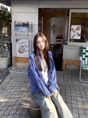 Original woven plaid retro blue plaid shirt for women with autumn small casual layered shirt