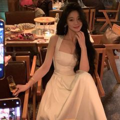 French gentle style white niche design big styling dress for women straps waist slimming and high-end birthday skirt