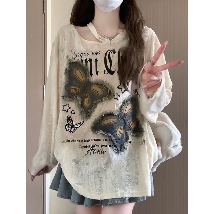 American hot girl design niche long-sleeved T-shirt for women with chic loose and slim and off-shoulder trendy