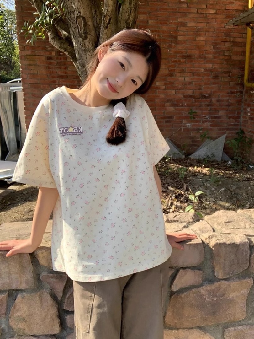 Pure cotton thread collar print foam short sleeve women's long style
