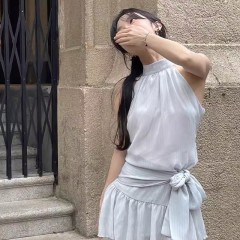 French halter sleeveless blue dress women's summer design bow tied A-line skirt black short skirt