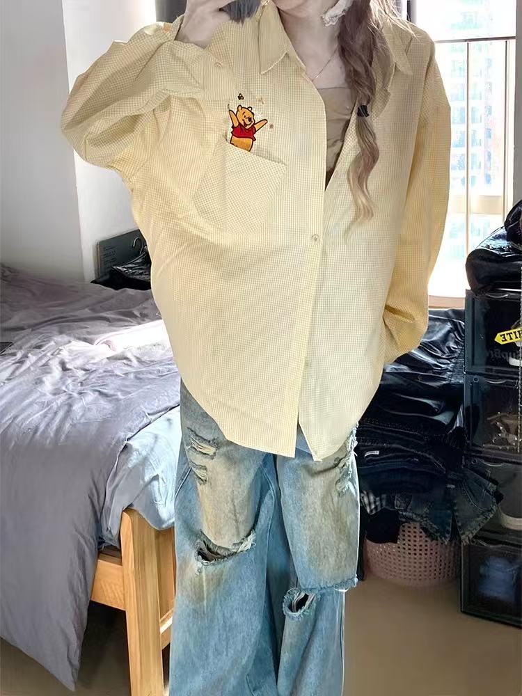2025 Spring New Bear Plaid Embroidered Long Sleeve Shirt for Women in Spring Loose Casual Age Reducing Fashionable Shirt