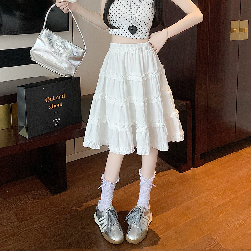 Real shot Korean versatile slim cake skirt covering the cross-eared mid-skirt A-line skirt