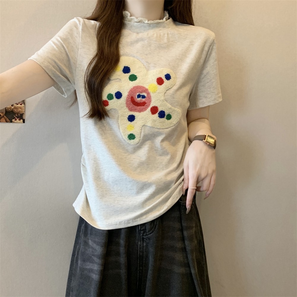 Real shot 40 pure cotton 210g 92 cotton/8 spandex short-sleeved T-shirt for women's towel embroidered lace