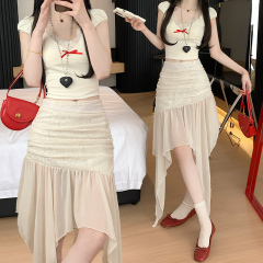 Real shot, design-sensual apricot lace spliced ​​mesh irregular mid-length skirt, versatile spring and summer fairy skirt