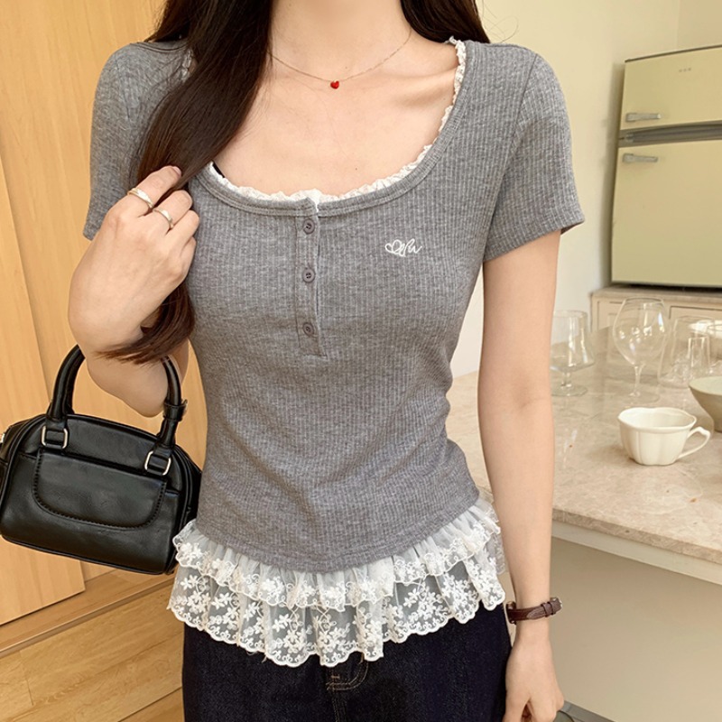 Real shot 280g colored tbsp short-sleeved T-shirt for women's summer 2025 new embroidered short mesh front shoulder round neck top