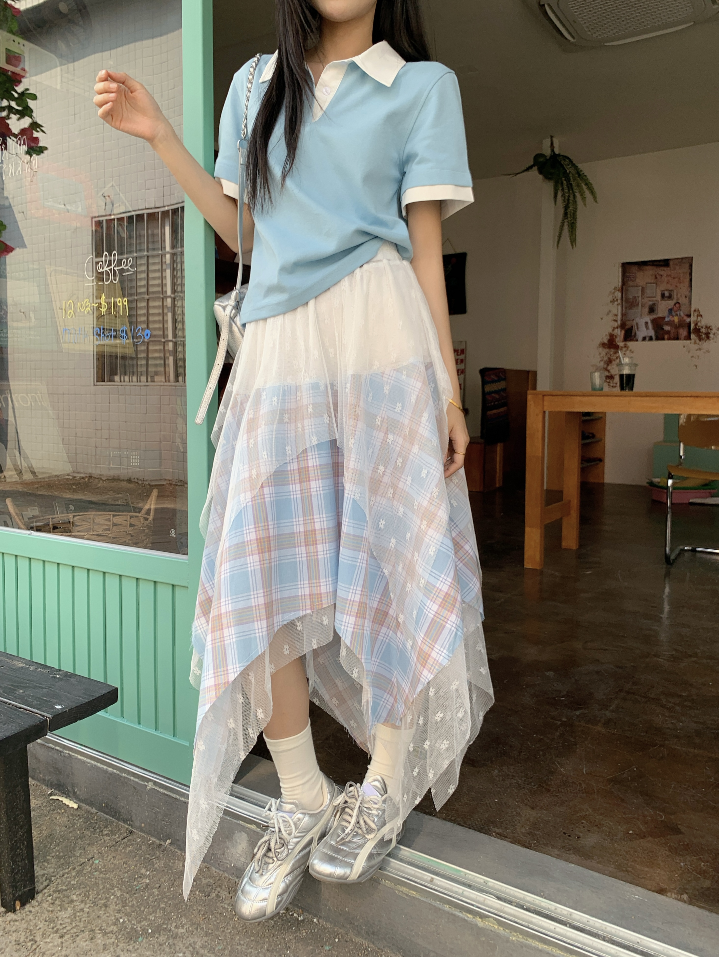 Real shot~ Irregular lace spliced ​​plaid skirt with high waist slim A-line skirt