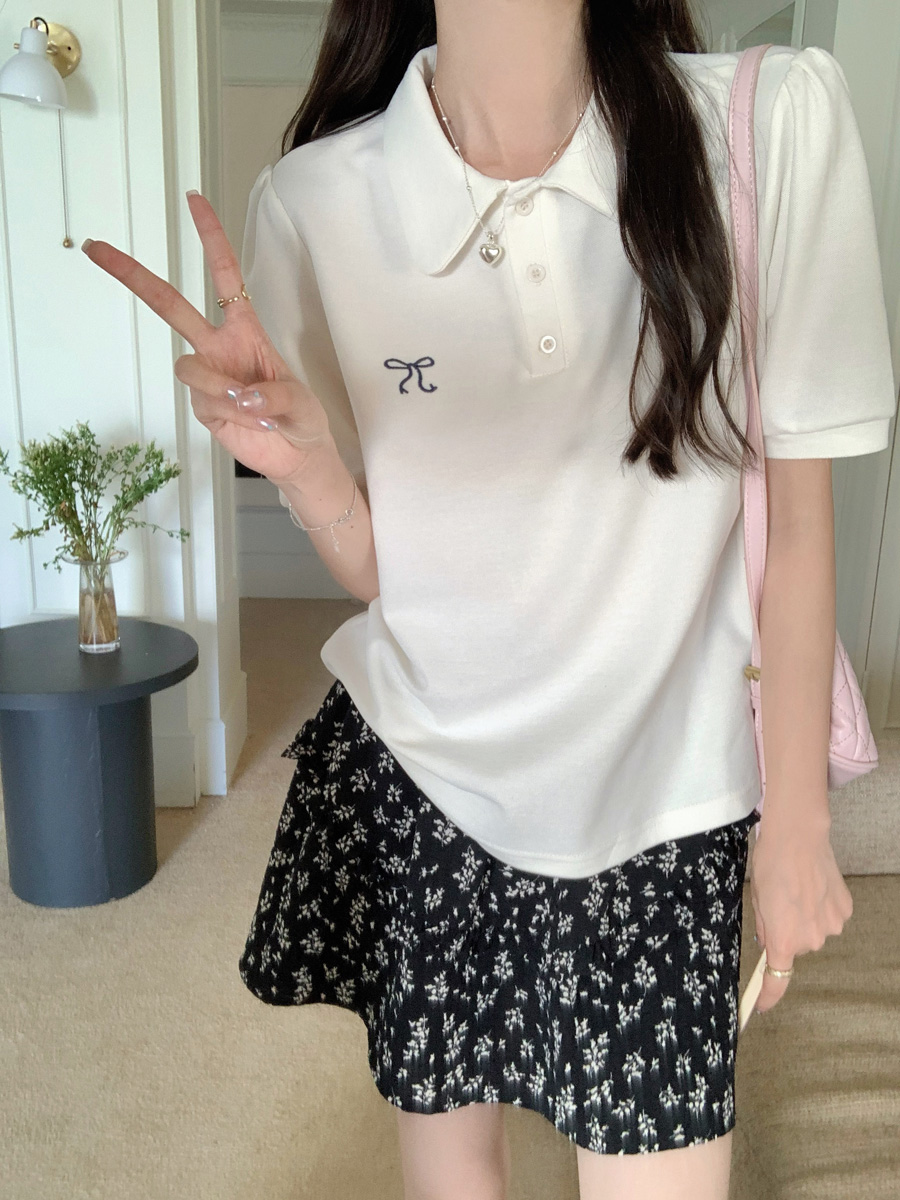 Real photo of pearl-ground doll collar bow embroidered short-sleeved T-shirt for women in summer loose slim Korean style half-sleeved top trendy