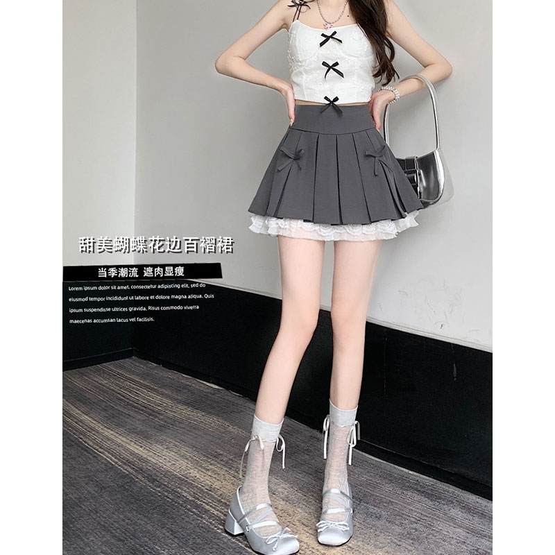 Pure lace lace a-line skirt retro high-waisted hot girl bow pleated skirt