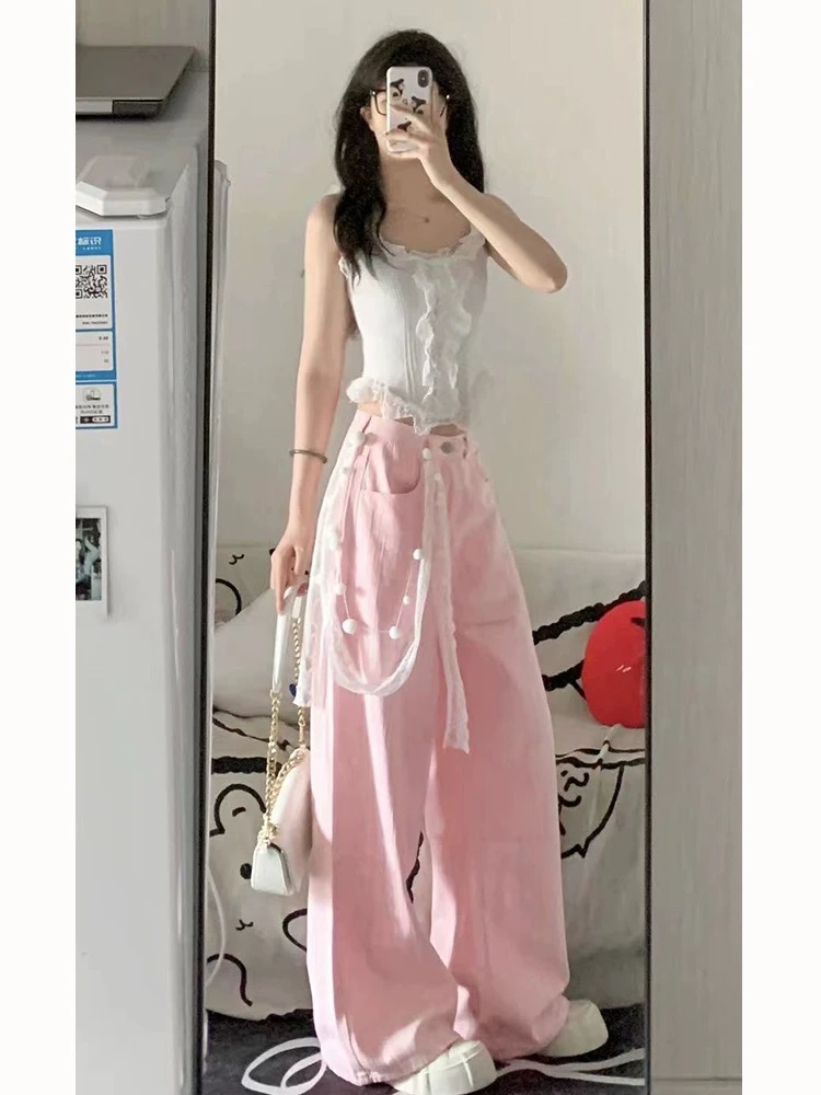 Retro pink textured jeans for women 2025 spring and summer new style slim high waist wide-leg trousers