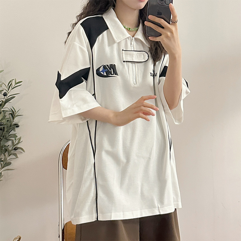 220g cool silk cotton vermill loose American retro mountain racing lapel short-sleeved T-shirt contrasting polo shirt for men and women