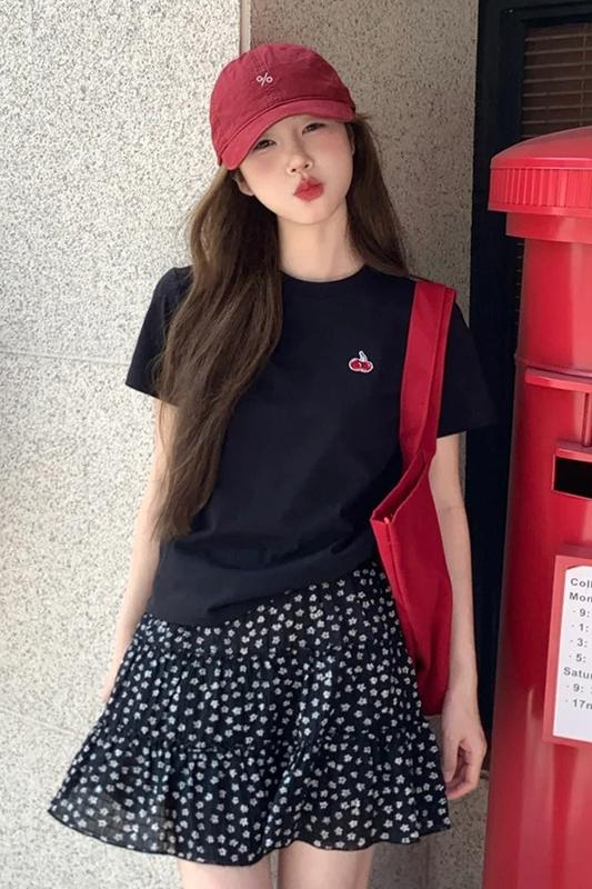 Korean embroidery 210g 95 cotton 40s Odell front shoulder short-sleeved T-shirt for women 2025 new summer