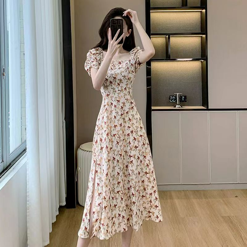 French retro floral dress for women summer new Korean style puff sleeves slimming waist-hugging skirt
