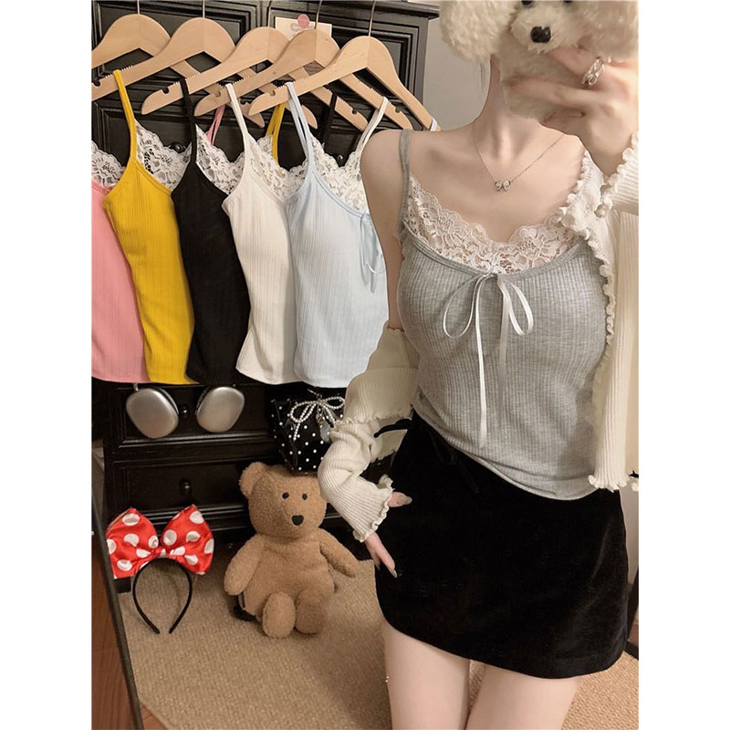 Lace-edged suspender vest for women in summer new pure and lustful style with hot girls bows and outer top
