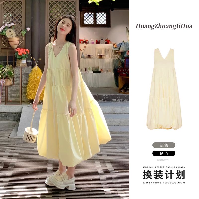 French milk yellow v-neck dress for women 2025 summer new sleeveless fluffy skirt mid-length loose long skirt