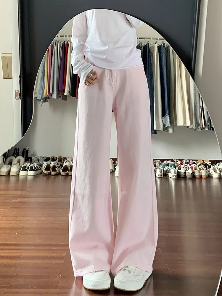 Light pink wide-leg jeans for women 2025 new dopamine sweet and cool high waist slimming loose floor straight pants