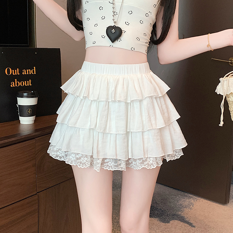 Real shot Korean version of high-waisted hot girl high-waisted slim cake skirt spliced ​​with lace lace edge anti-exposure A-line short skirt