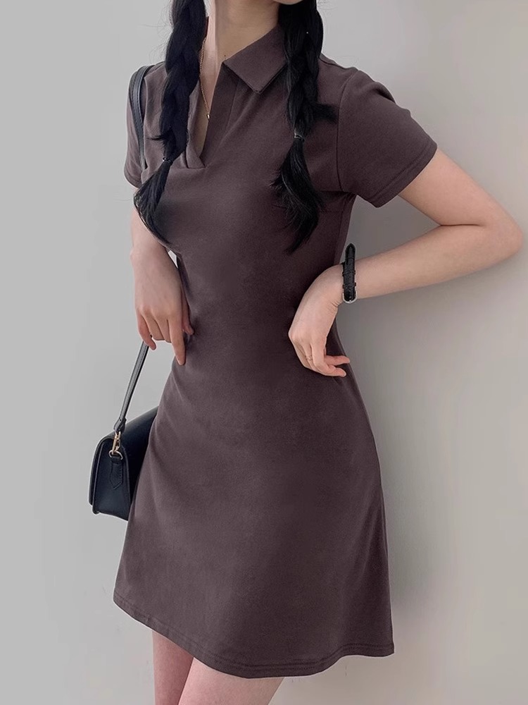 Pure cotton polo collar dress V-neck waist