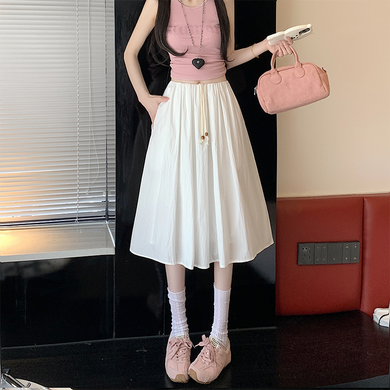 Real shot Korean version of retro elastic waist drawstring skirt versatile slim and fashionable mid-skirt pleated A-line skirt