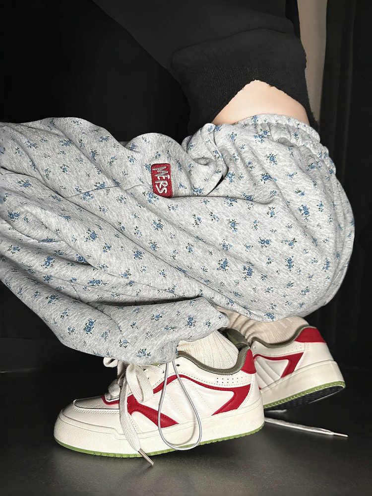 Gray floral sweatpants for women loose straight 2025 new spring and autumn high waist casual wide-leg pants small sweatpants