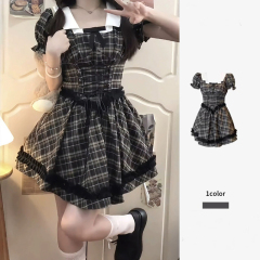 Sweet hot girl college style dress for women in summer retro puff sleeves escape princess skirt waist plaid puffy skirt