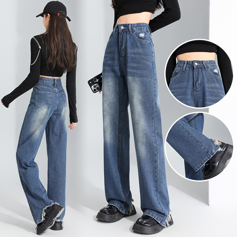 All-match temperament Youth trendy trendy trousers Harajuku jeans Spring simple wide-leg floor trousers fur edges