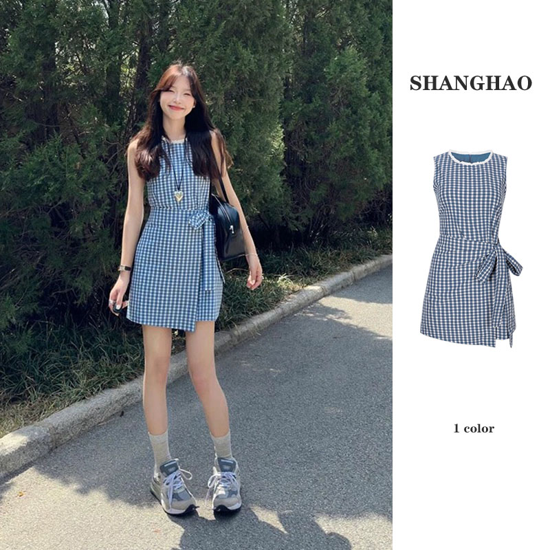 French blue and white plaid lace-up vest dress for women in summer 2025 new temperament casual and versatile sleeveless skirt